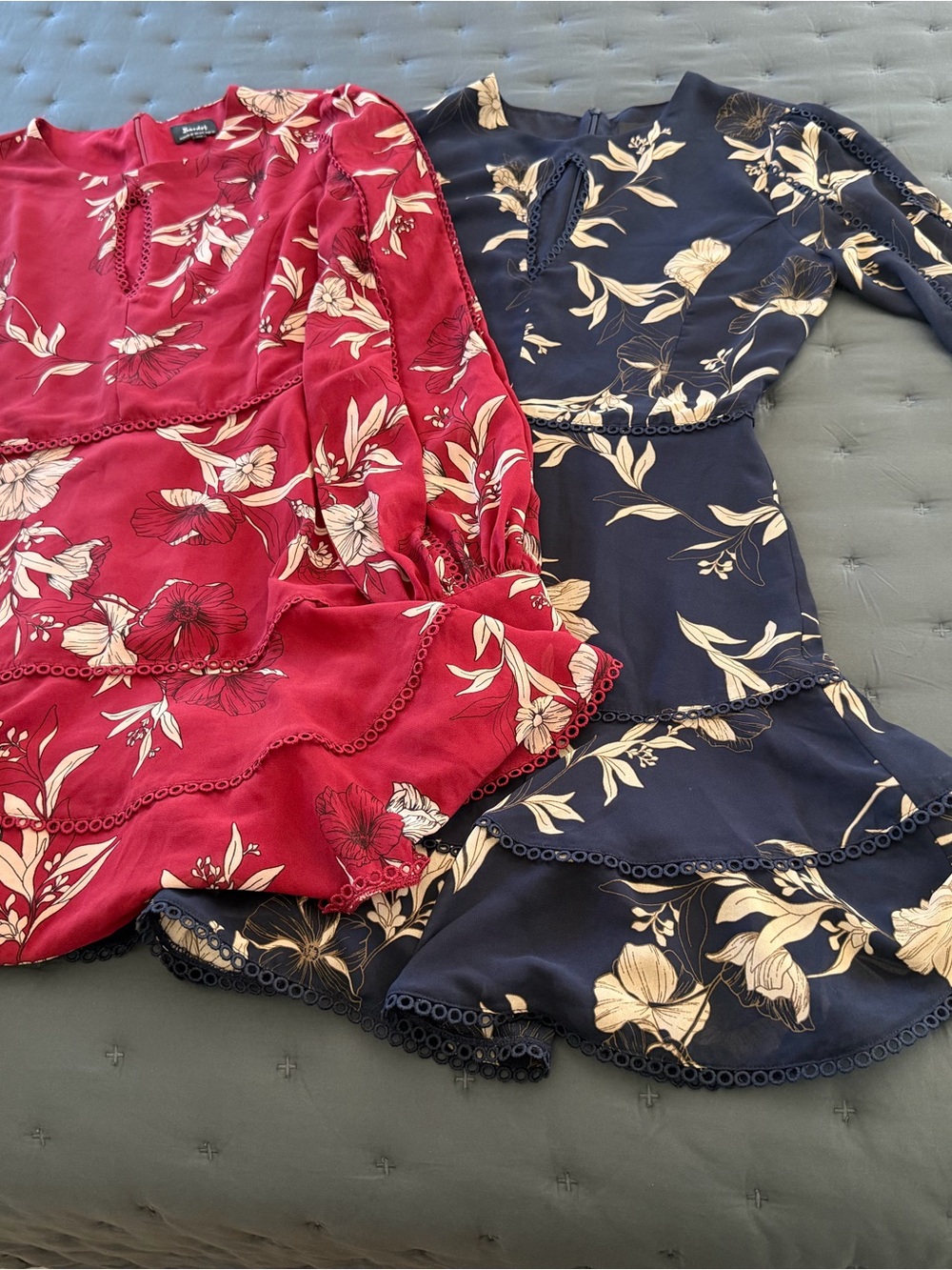 Bardot lot of 2 Blue and Red Floral Print Sexy keyhole Dresses Fun Embroidered